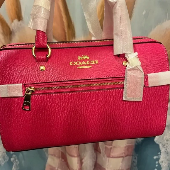 Coach Small Fuchsia Leather Satchel with Striped Strap - Picture 4 of 5